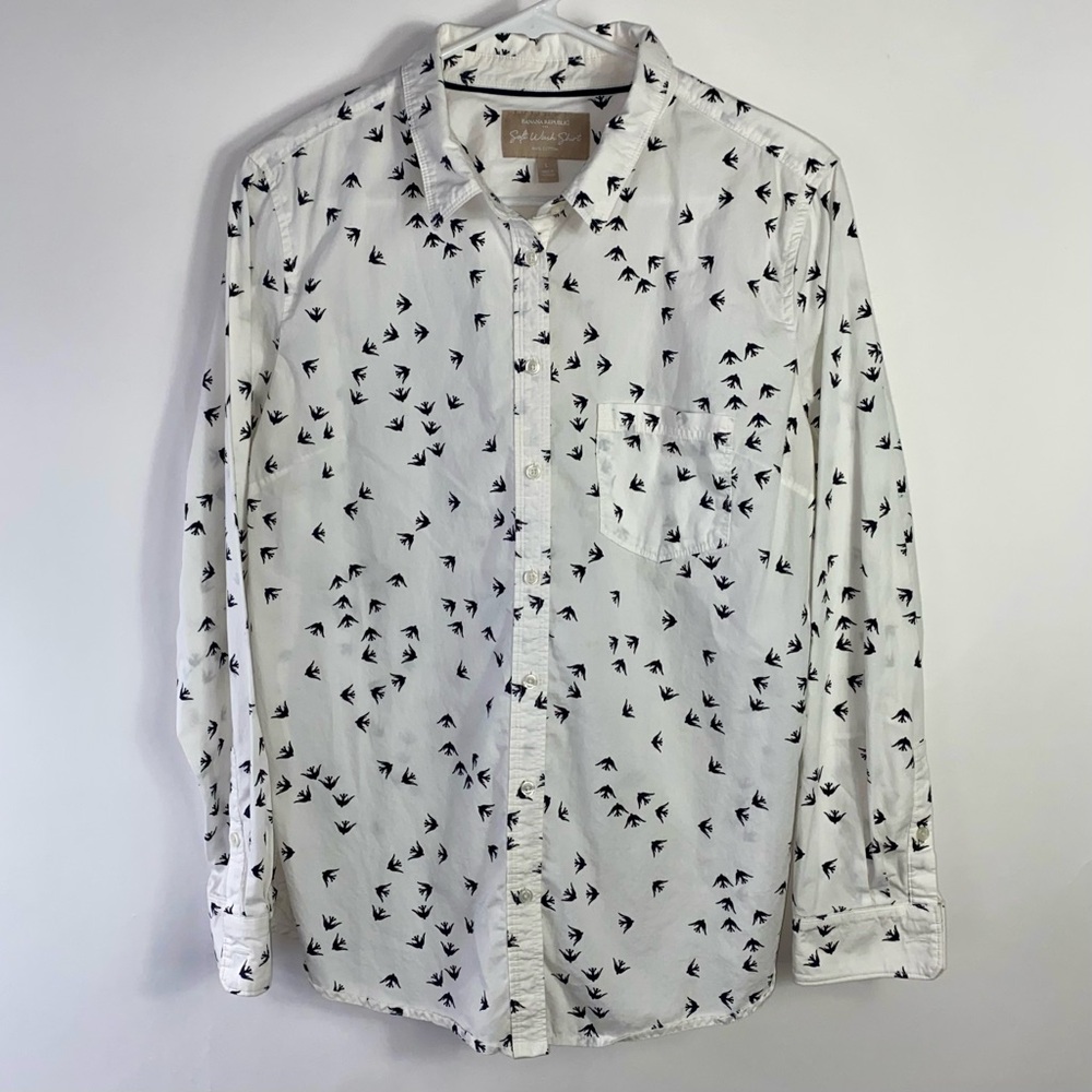 Banana Republic Women’s Long Sleeve Soft Wash Shirt Cotton White w/ Birds Large